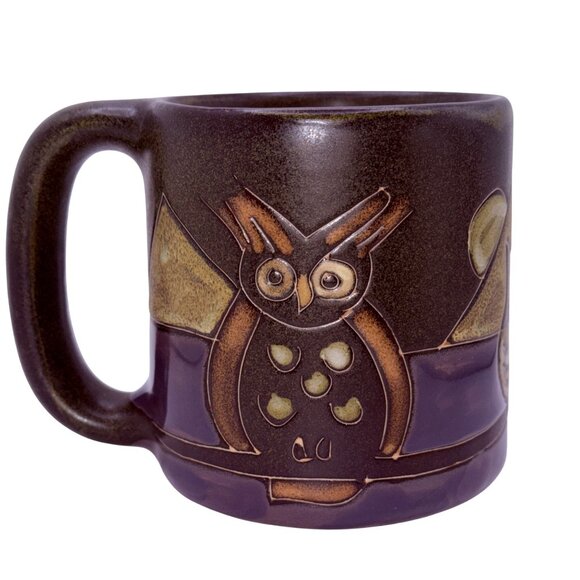 Vintage Mara Handcrafted Ceramic Owl Mug Brown & Purple 12 oz Made In Mexico - Picture 3 of 5